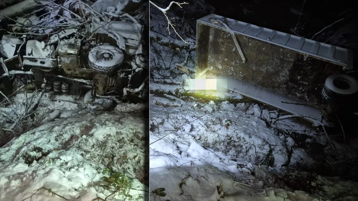 Accident grav pe Valea Arpașu Mare! Un camion care transporta lemne a căzut într-o râpă, iar doi bărbați au murit