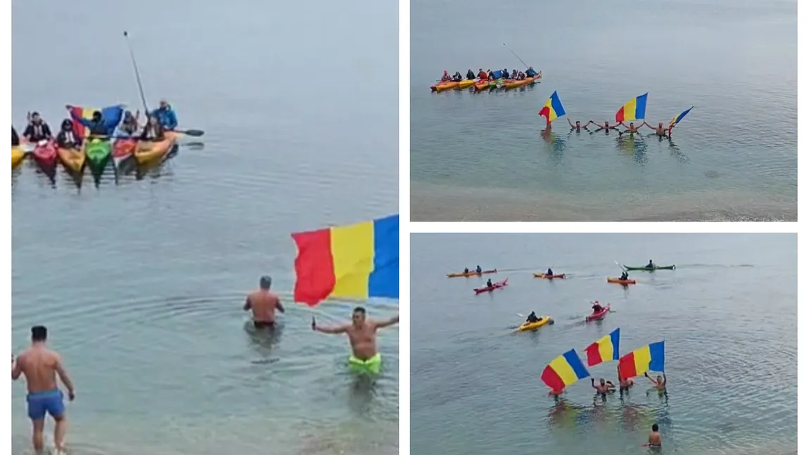 Ziua Națională a României, sărbătorită în mod inedit la Constanța. Câțiva tineri și un copil de 6 ani au intrat în apa rece a mării cu steaguri și au cântat imnul României