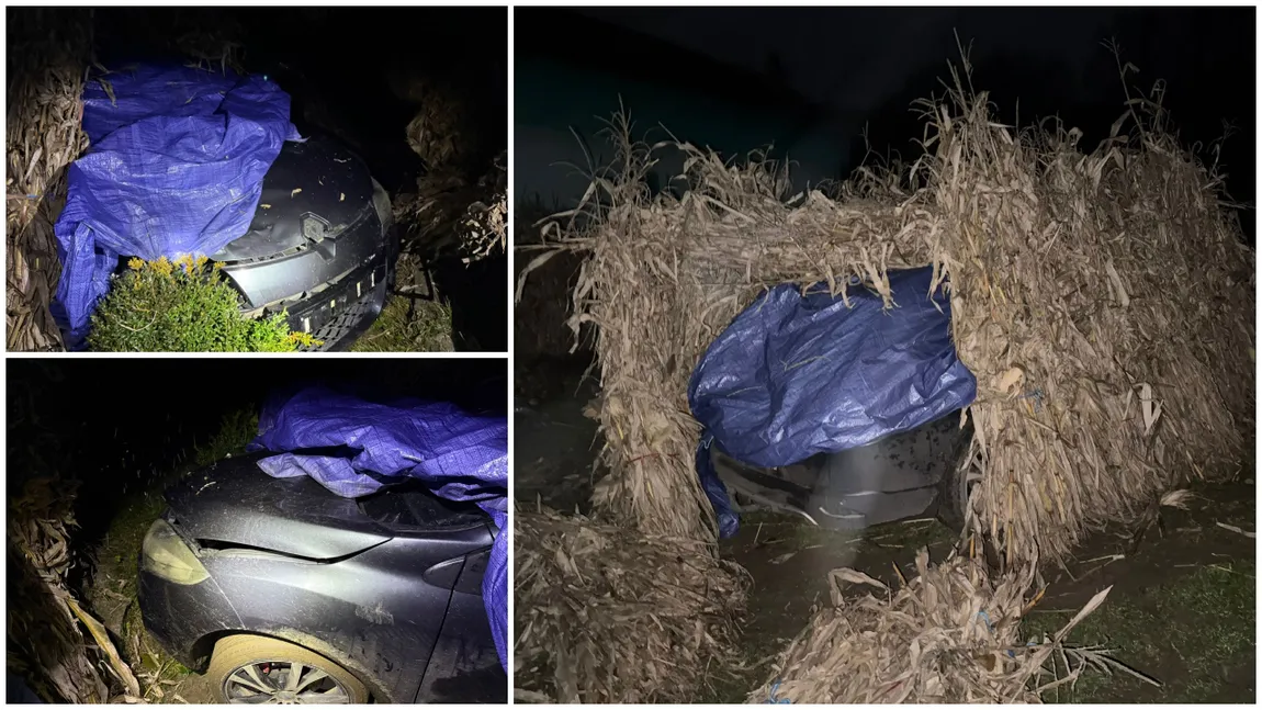 FOTO IREAL! Un moldovean beat din Botoșani a omorât cu mașina un biciclist, apoi a fugit acasă și și-a ascuns mașina în capița de coceni de porumb!