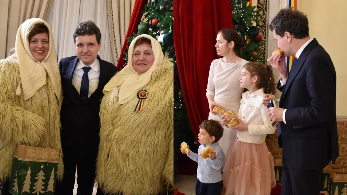 Nicușor Dan a primit colindători la Palatul Cotroceni, alături de Prima Doamnă și cei doi copii. Președintele a gustat colăcei în timp ce asculta cântecele tradiționale GALERIE FOTO