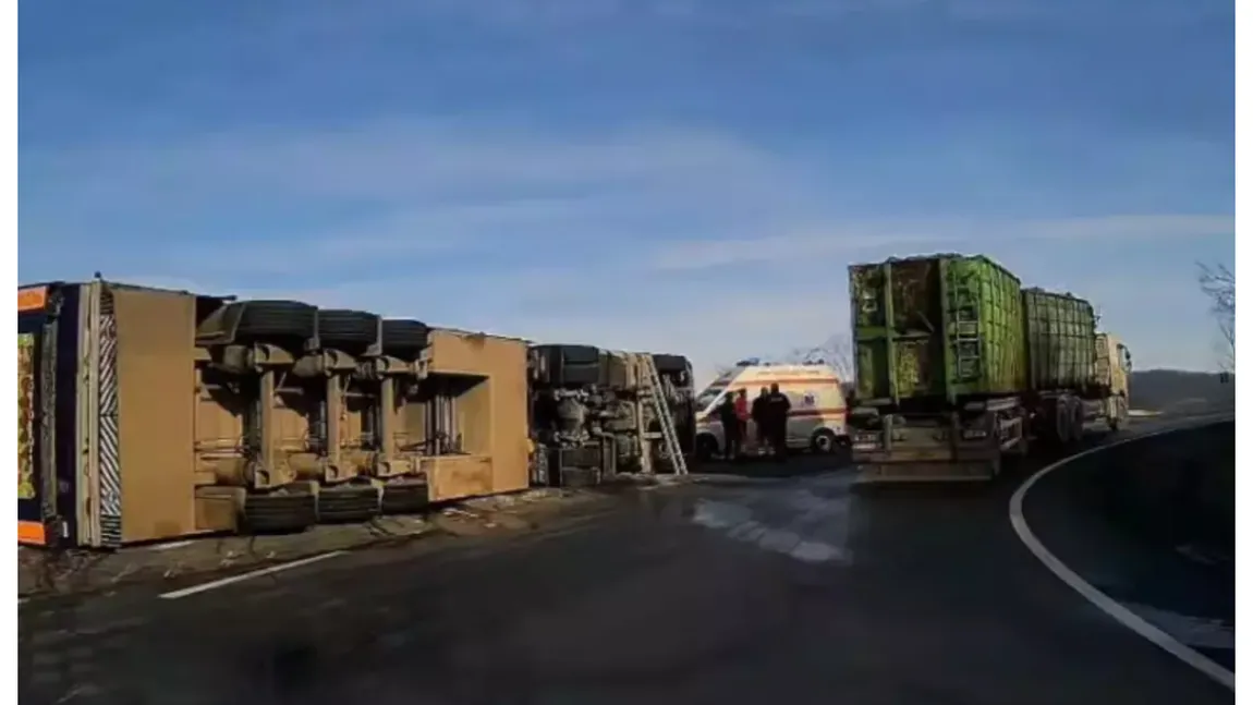 Un TIR plin cu porci vii s-a răsturnat pe un drum european din Cluj. Medicii i-au acordat șoferului primul ajutor