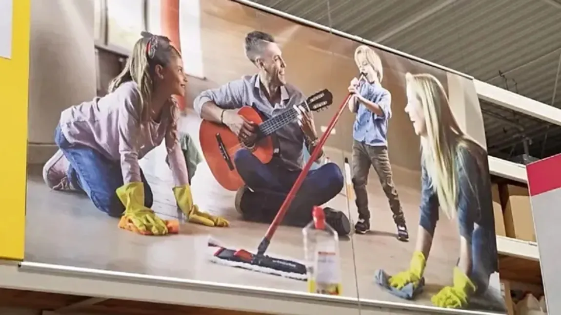 Afiș scandalos într-un magazin Leroy Merlin. Mama și fiica fac curățenie în timp ce tatăl se distrează cu fiul