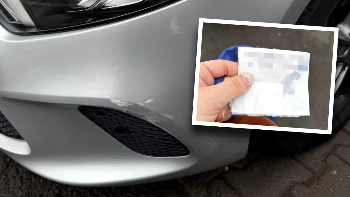 O femeie și-a găsit mașina lovită în parcarea unui supermarket din București. A fost surprinsă de bilețelul găsit în parbriz: „Bine că mai există și oameni printre animale”