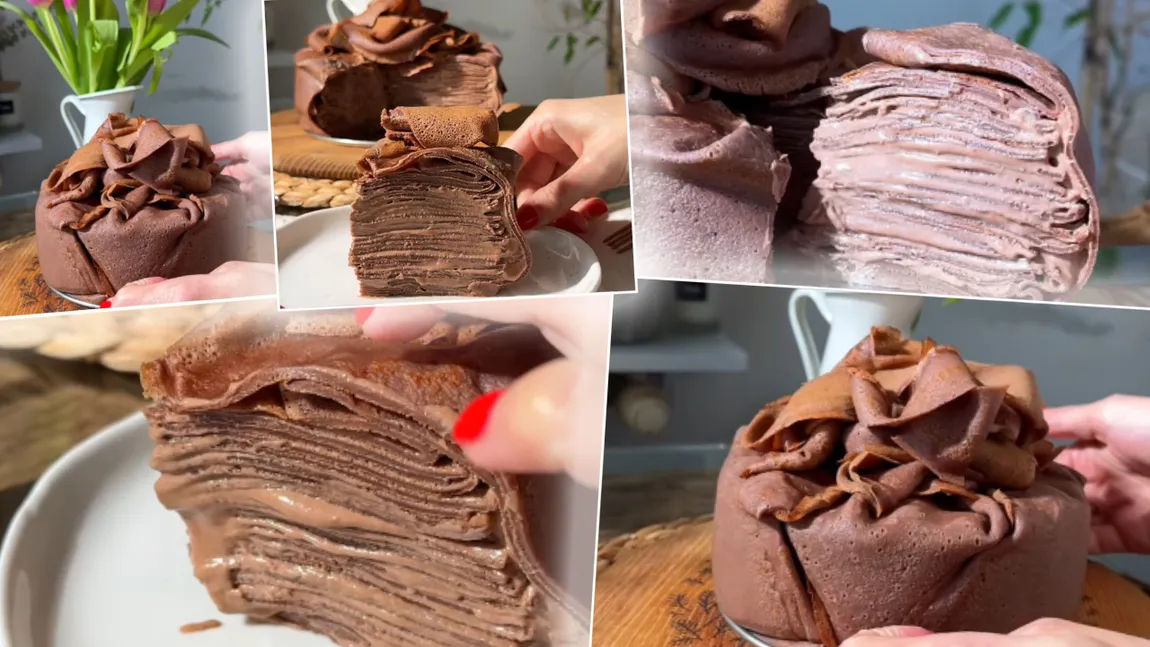 Desert inedit pentru weekend: tort de clătite cu cremă de ciocolată, un adevărat deliciu