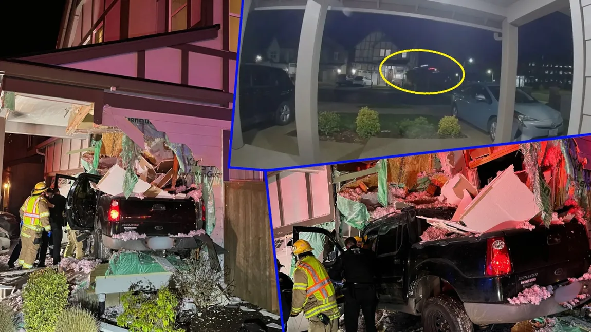 Accident spectaculos! O camionetă a zburat 30 de metri și a fost proiectată într-o casă în care se afla o familie cu trei copii