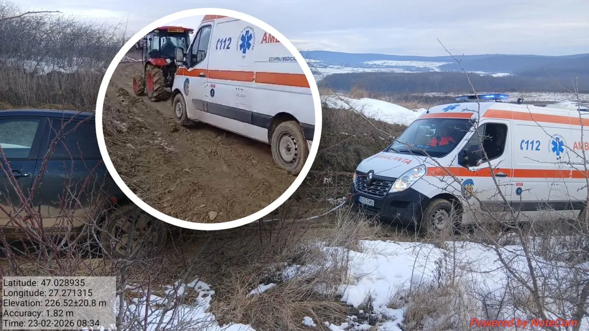 O ambulanță aflată în misiune s-a împotmolit în noroi, într-o localitate din Iași. Autospeciala a fost scoasă cu un tractor, dar pacientul era deja mort