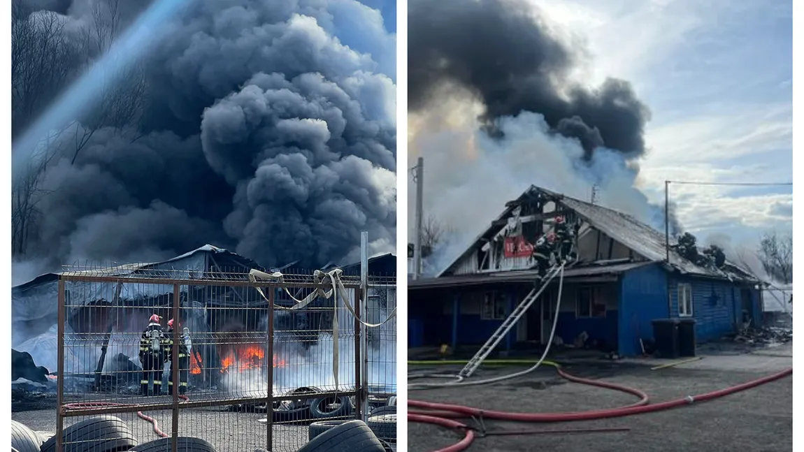 Incendiu puternic la o vulcanizare din Sibiu. Traficul pe DN1 a fost dat peste cap, a fost emis mesaj RO Alert