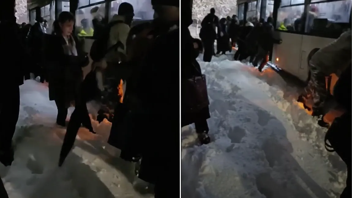 STB-ul a pierdut lupta cu nămeții! Scene ireale în nordul Bucureștiului: Călătorii au coborât și au împins autobuzul blocat în zăpadă