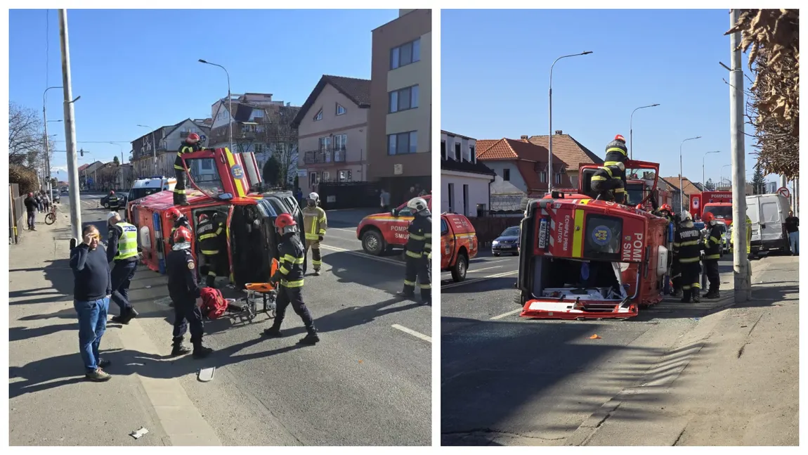 Accident grav în Sibiu! Șapte persoane au ajuns la spital după ce o ambulanță ciocnită de o altă mașină s-a răsturnat! A fost activat Planul Roșu de intervenție