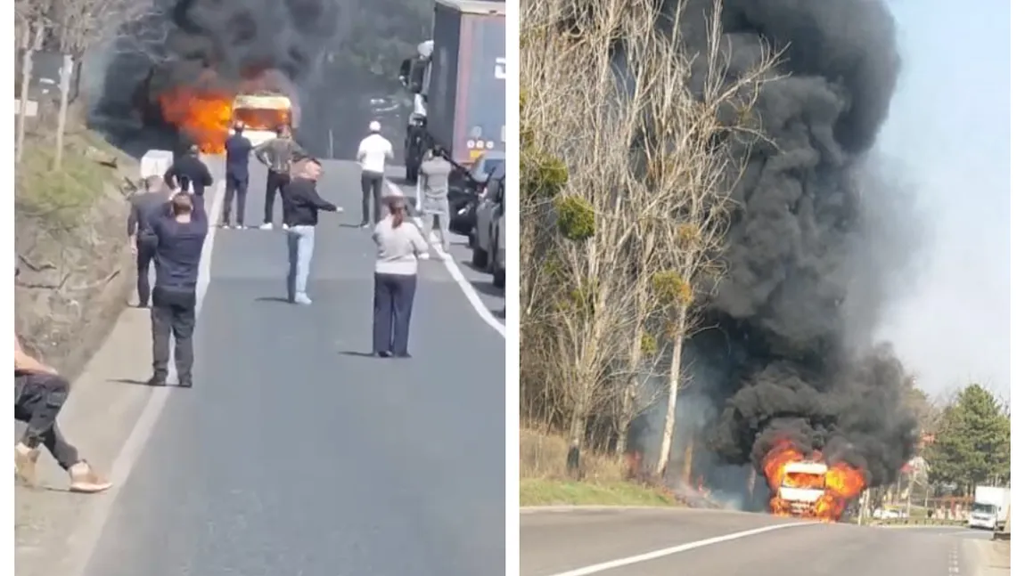 Ambulanță cuprinsă de flăcări în Iași. Traficul a fost blocat complet