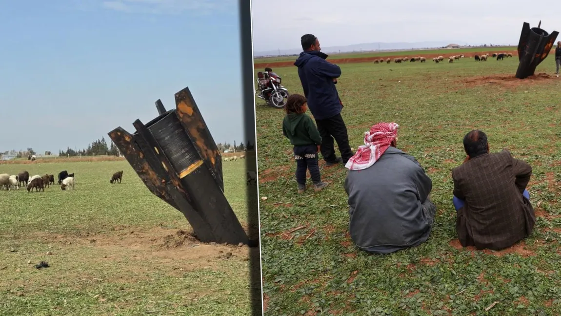 Imagini epice! Copii din Siria ieșiți cu oile pe câmp se joacă cu o rachetă iraniană neexplodată!