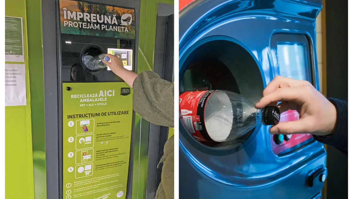 Cozi uriașe la aparatele de reciclat din Auchan. Câți bani primesc românii pe sticlele goale