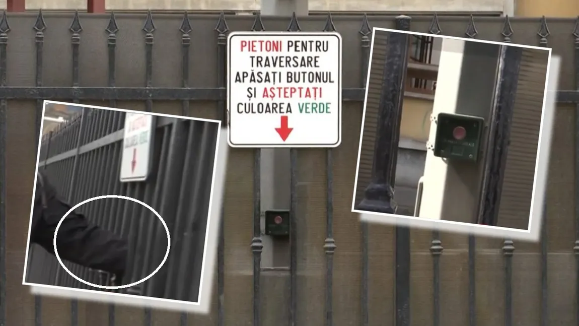 Semafor buclucaș în Brașov. Cei care vor să traverseze strada trebuie să dibuiască butonul de schimbare a culorii, bine ascuns după un gard