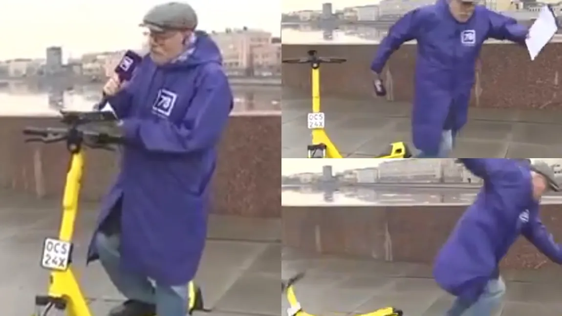 Un prezentator al rubricii meteo a căzut de pe trotinetă chiar în timpul unei transmisiuni live. Bărbatul s-a prăbușit pe caldarâm. VIDEO