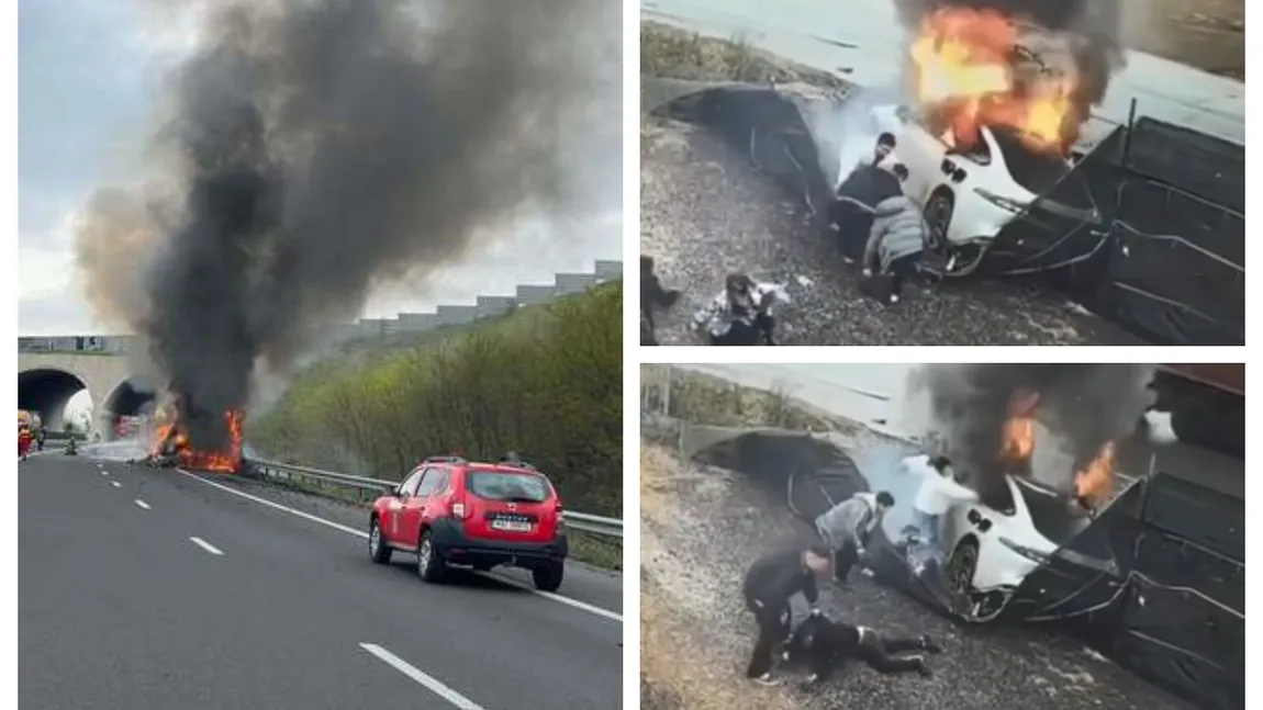 Val de accidente în România. O maşină electrică a luat foc după un derapaj. Imagini dramatice cu salavarea pasagerilor VIDEO