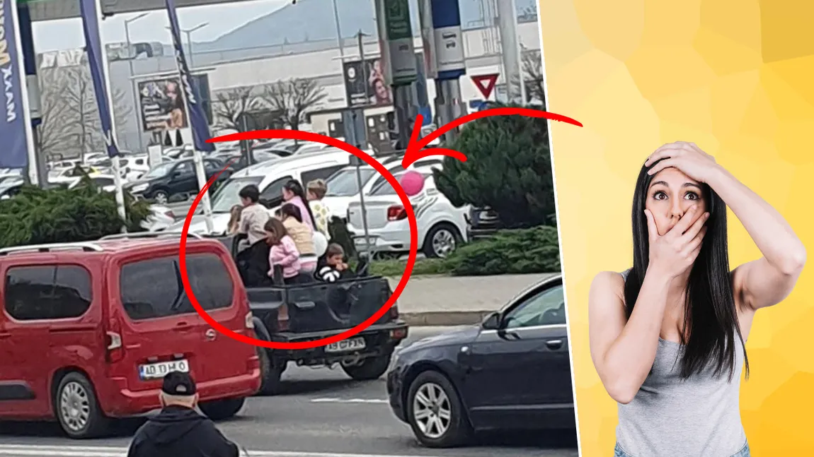 Scene șocante în Alba! Ce a pățit șoferul care a fost fotografiat în timp ce transporta șapte copii în bena mașinii, pe un drum intens circulat
