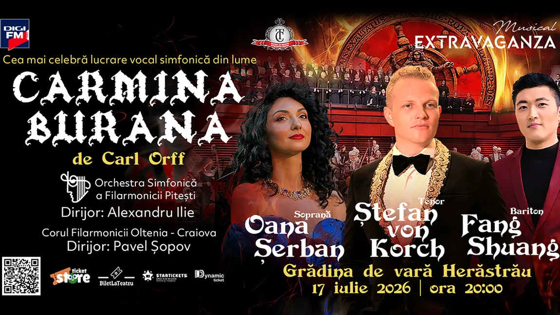 CARMINA BURANA - premieră în aer liber, cu tenorul ŞTEFAN von KORCH pe scenă, pe 17 iulie la Grădina de Vară Herăstrău din Bucureşti