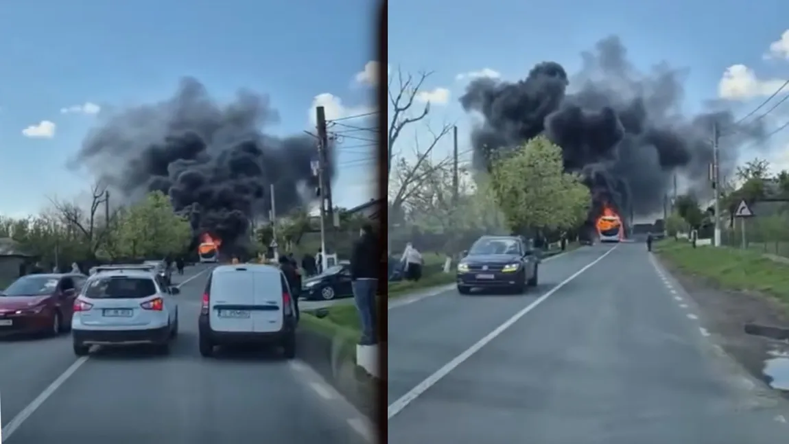 Un autocar cu 27 de persoane, cuprins de flăcări în județul Tulcea. Care este starea pasagerilor. VIDEO