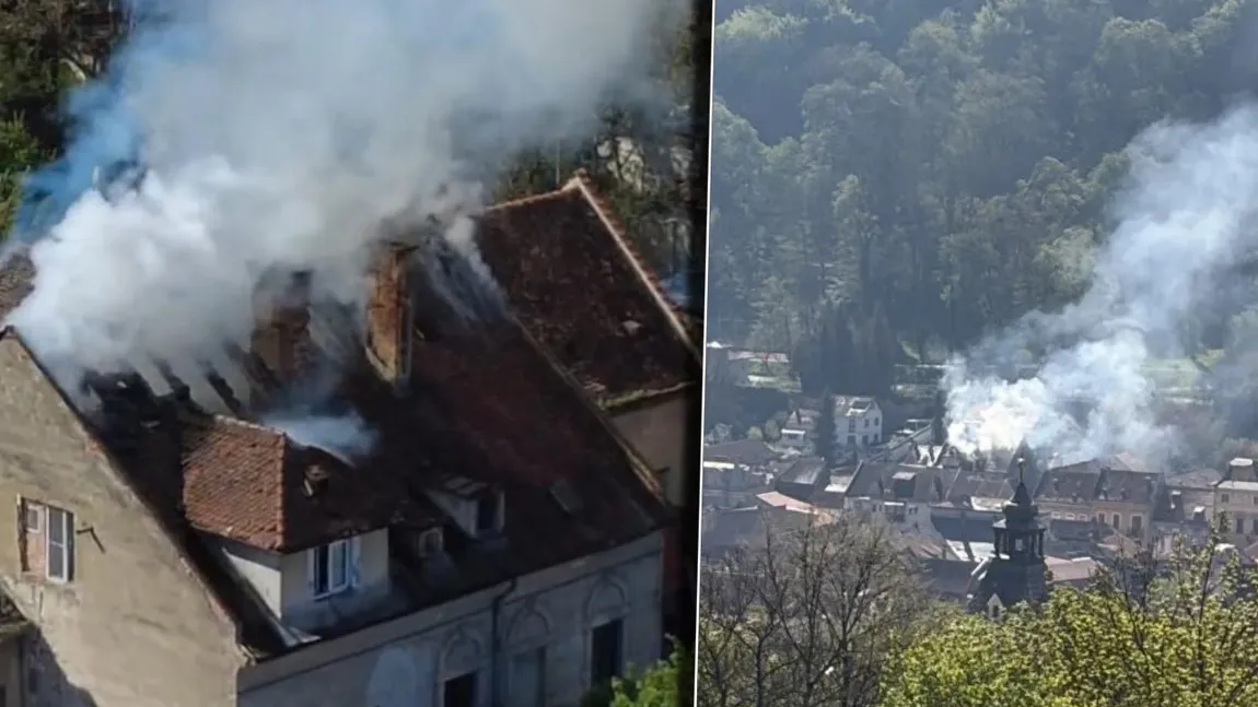 Incendiu în centrul istoric din Brașov. Acoperișul unei locuințe, cuprins de flăcări