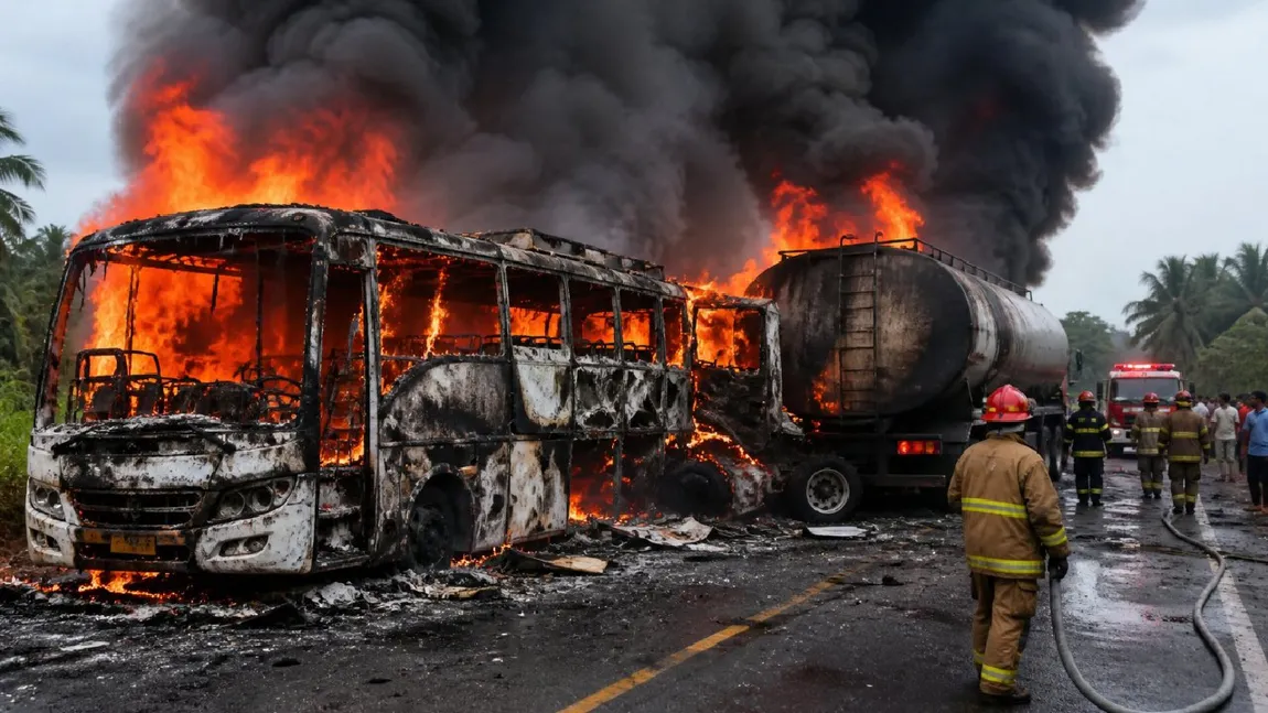 Cel puțin 16 persoane au murit pe loc după ce un autobuz s-a ciocnit frontal cu o cisternă și a luat foc