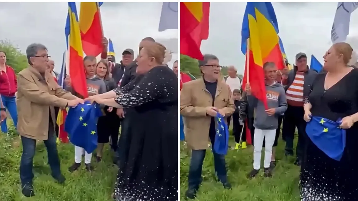 Diana Șoșoacă a rupt steagul Uniunii Europene de Ziua Europei. În aceeași zi a apărut la Ambasada Rusiei VIDEO