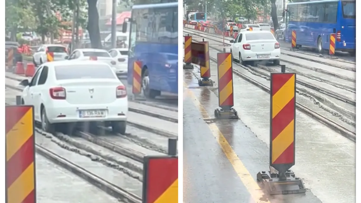 Viralul zilei: Cascadorii râsului în Bucureşti, un şofer a rămas împotmolit cu Loganul în beton pe linia de tramvai VIDEO