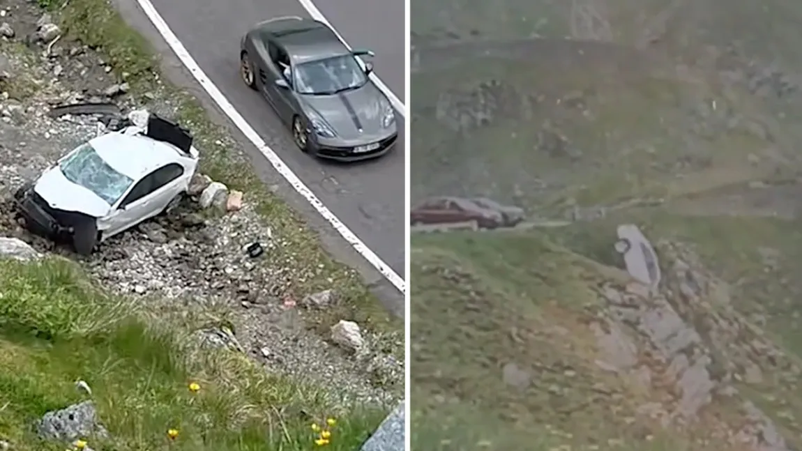 VIDEO Momentul în care o maşină se prăbușește într-o râpă, pe Transfăgărăşan. Şoferița a uitat să tragă frâna de mână