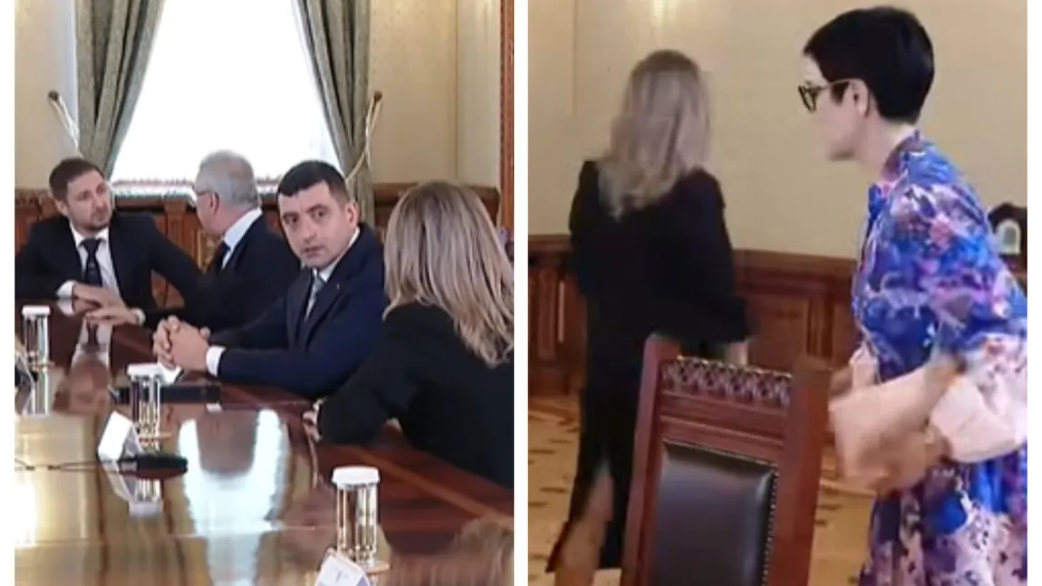 Moment neobișnuit la Palatul Cotroceni, în timpul consultărilor. Delegația AUR, ridicată de la masă de Delia Dinu. Ce s-a întâmplat înainte de venirea președintelui, imagini virale