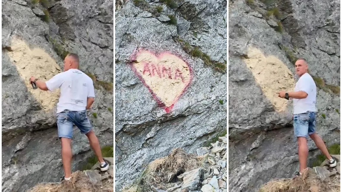 Reacții virale după ce un bărbat a scris cu graffiti pe o stâncă de pe Transfăgărășan numele iubitei: 