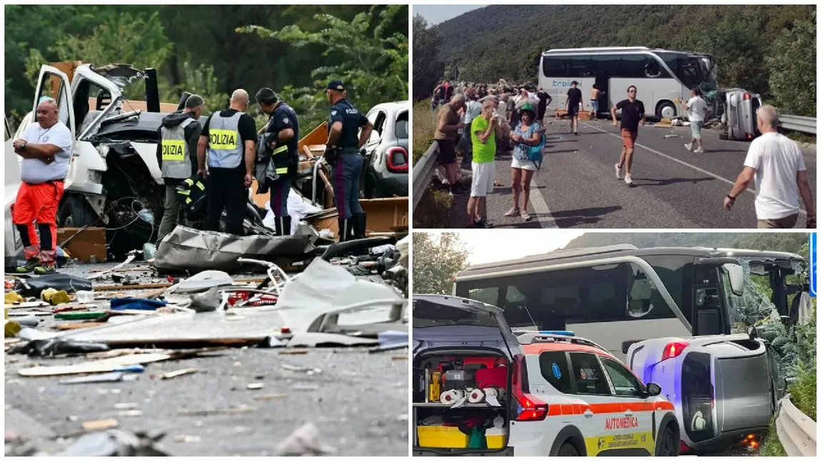 Accident îngrozitor în Italia. Cel puțin șase persoane au murit și alte 27 au fost rănite după impactul dintre un autocar, o autorulotă și trei mașini
