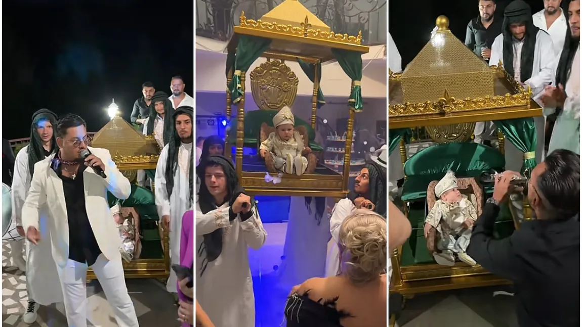 Botez faraonic la Rucăr. Micuțul Vladimir și-a făcut apariția într-un tron purtat pe umeri de gărzi, iar atmosfera petrecerii a fost întreținută de celebrul Fane Nămol. VIDEO