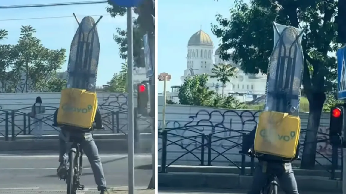 Livrarea care a făcut internauții să râdă: un curier Glovo a transportat pe bicicletă o masă de călcat