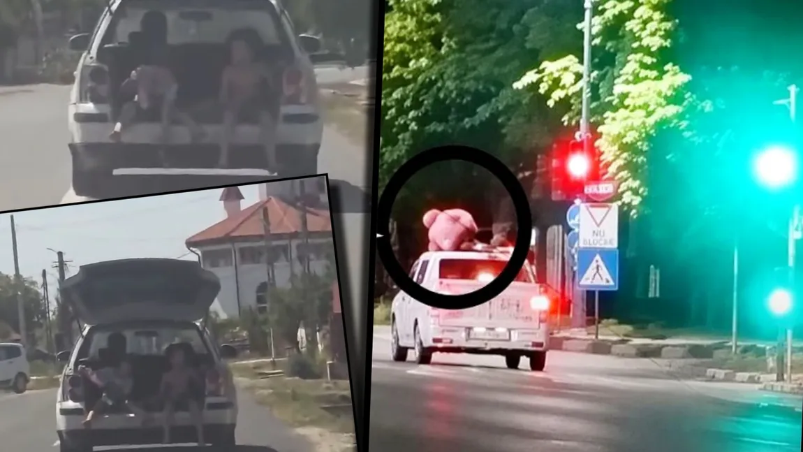Scene incredibile pe șoselele din România: Doi copii transportați în portbagajul deschis și un bărbat urcat pe plafonul unui taxi. VIDEO