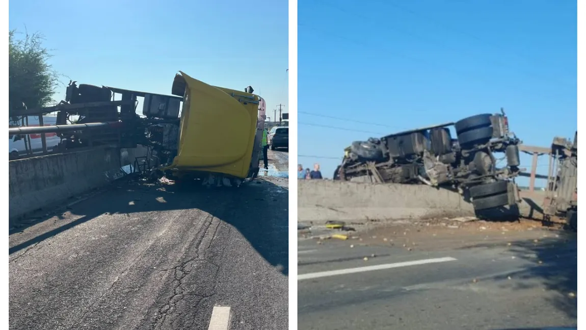 TIR răsturnat pe șosea după explozia unei anvelope. Traficul este blocat pe DN1