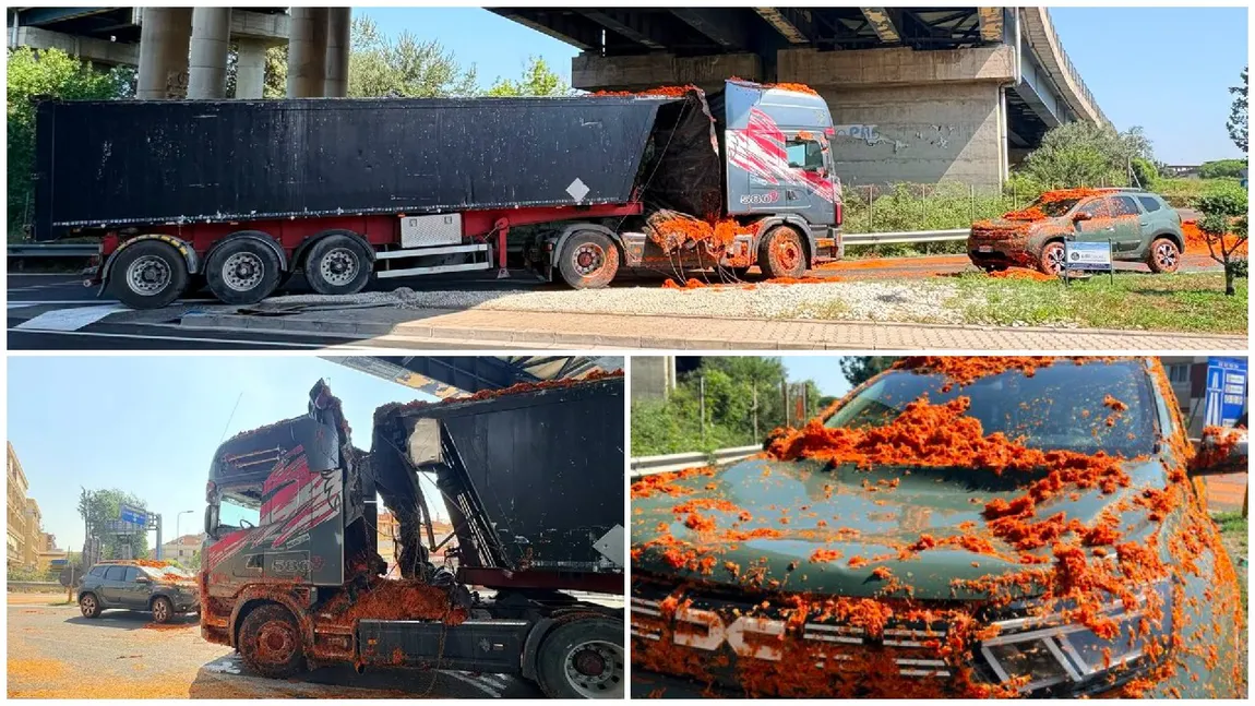 O Dacie a fost îngropată sub 18 tone de resturi de roșii după ce un TIR a intrat pe contrasens, în Italia