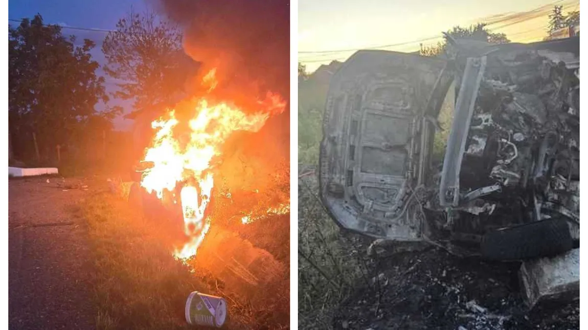 Accident cumplit în Suceava. O mașină a luat foc după ce a lovit un cap de pod, două persoane au ars de vii