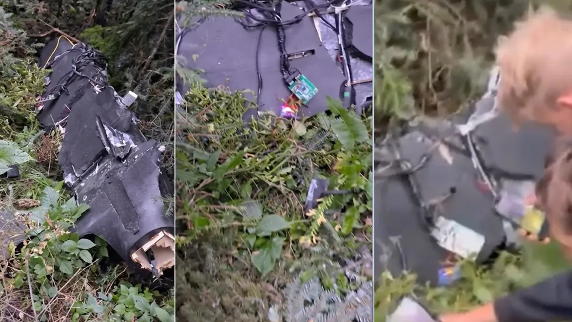Dronă prăbușită în Suceava și școli închise. Localnicii s-au înghesuit să fotografieze aparatul de război: „E foarte mare. Încă are becuri aprinse, ceasul încă merge” VIDEO