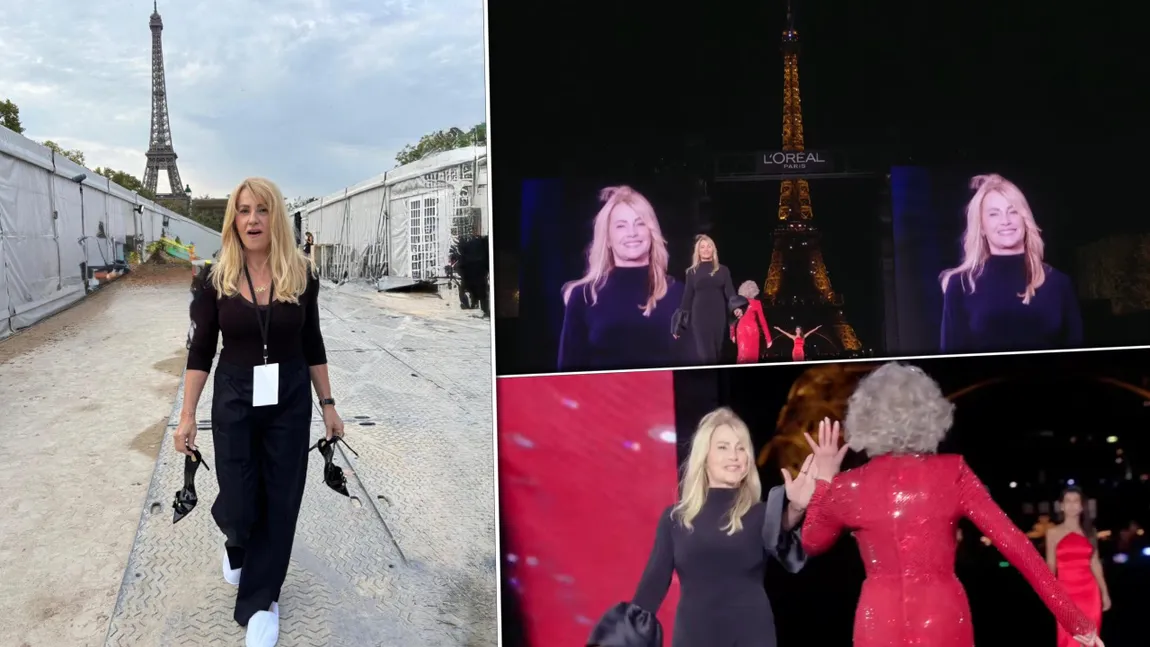 Nadia Comăneci, primele imagini de pe podiumul Paris Fashion Week. Zeița de la Montreal a defilat la Turnul Eiffel