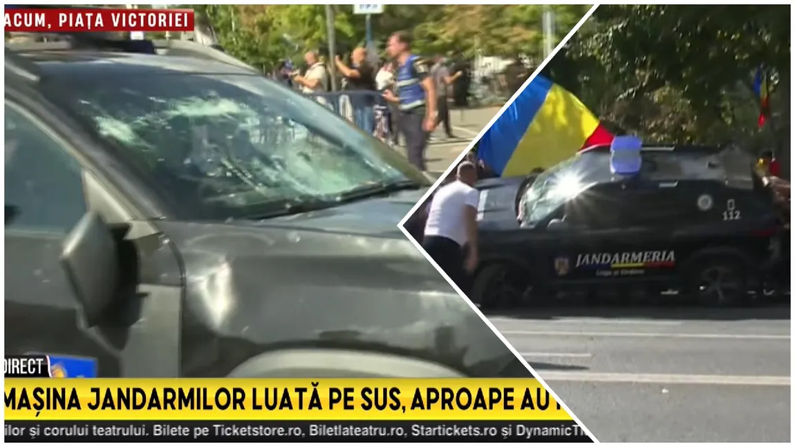 Tensiunile escaladează la protestul din Piața Vicoriei! O autospecială a Jandarmeriei a fost distrusă și aproape răsturnată de protestatari