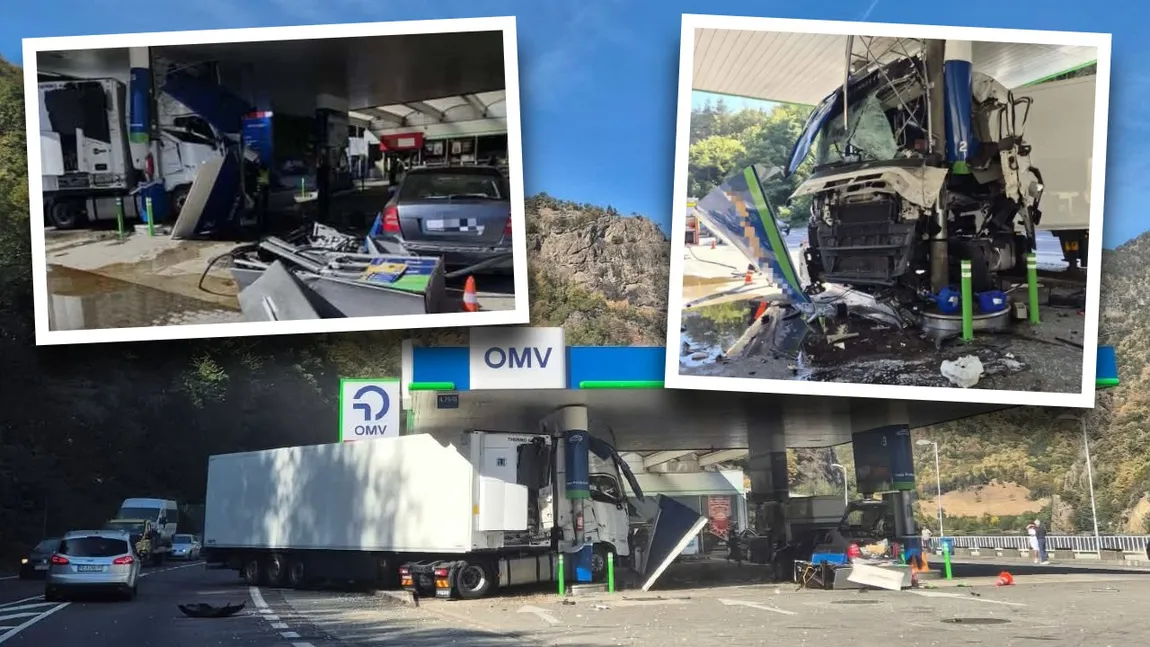 Accident grav pe Valea Oltului. Un TIR a intrat pe cotrasens și s-a izbit violent de pompele de carburant dintr-o benzinărie