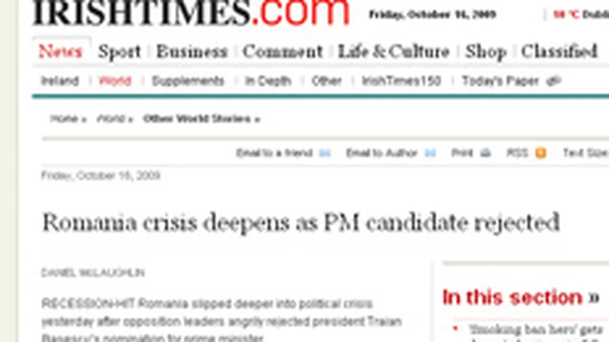 Irish Times: Criza din Romania se adanceste dupa respingerea lui Croitoru ca premier