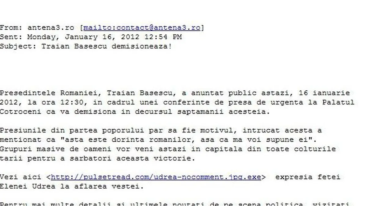 Antena 3 se dezice de aparitia pe Internet a unui anunt fals privind demisia lui Basescu (Video)