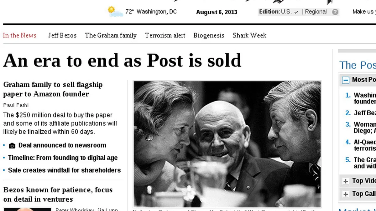 The Washington Post va fi vandut fondatorului Amazon pentru 250 mil. dolari