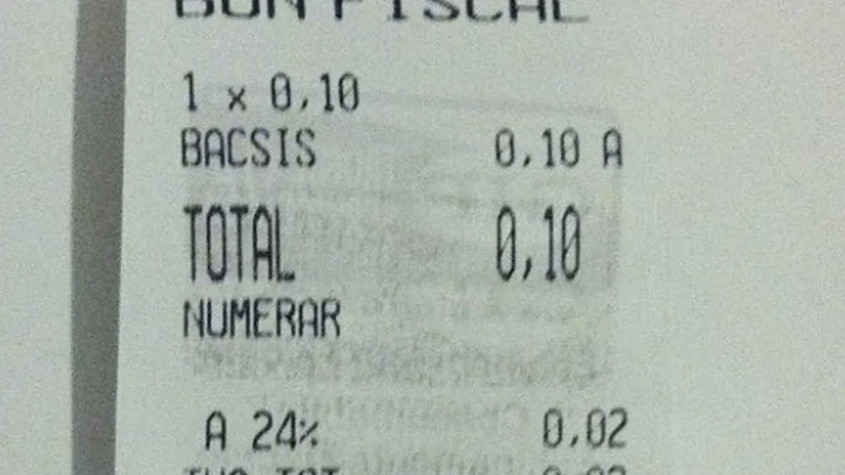 Bon fiscal pentru bacsis de 10 bani, cu TVA de 0,02 lei: Am crezut ca e o gluma