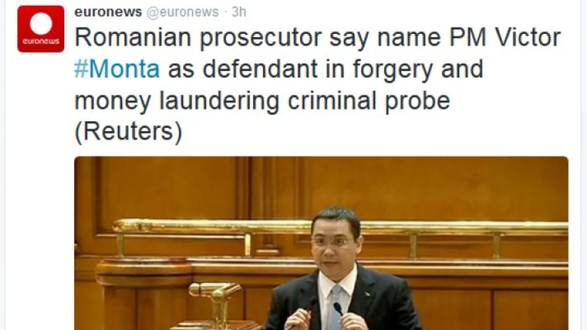Gafa Euronews pe contul de Twitter: Premierul Ponta, botezat Victor Monta