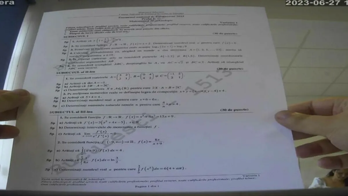 Subiecte matematică la Bacalaureat 2023 la profilul tehnologic, la mate-info și științele naturii. Cum se putea obține cel puțin nota 7