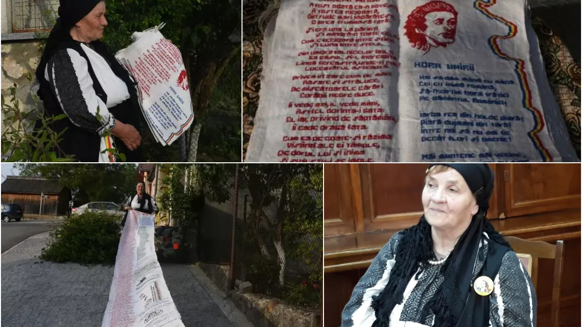 Capodoperă unică în lume! Luceafărul blând al lui Mihai Eminescu a coborât în jos alunecând pe-o rază și s-a așezat pe o pânză țesută cu migală, timp de trei ani, de tanti Maria