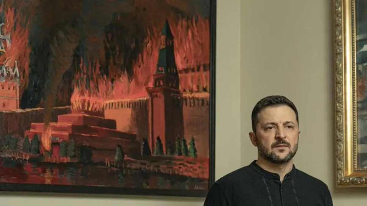 Zelenski și-a decorat biroul cu un tablou care are imaginea Kremlinului în flăcări!