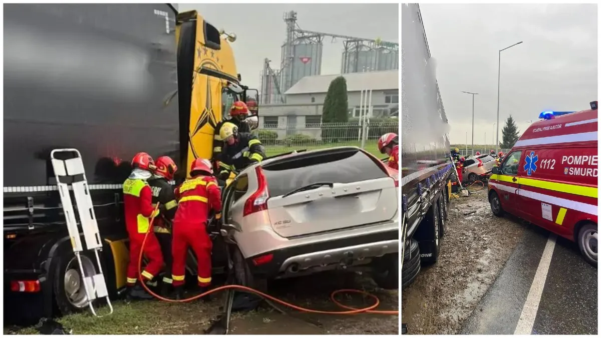 Accident grav în Suceava, după ce o mașină a intrat sub un TIR. O persoană a murit și alte trei sunt în stare gravă