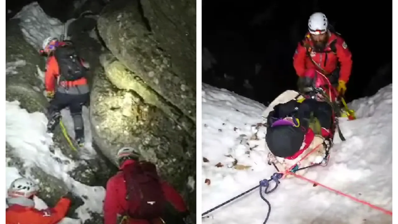 Operațiune de salvare dificilă în Munţii Bucegi. O alpinistă a căzut într-o râpă, iar salvamontiști s-au chinuit nouă ore să o salveze
